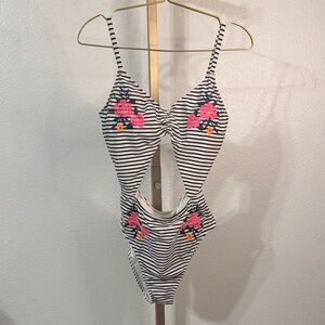 Hollister Swim Black and White Striped one piece Swimsuit with embroidery- Large